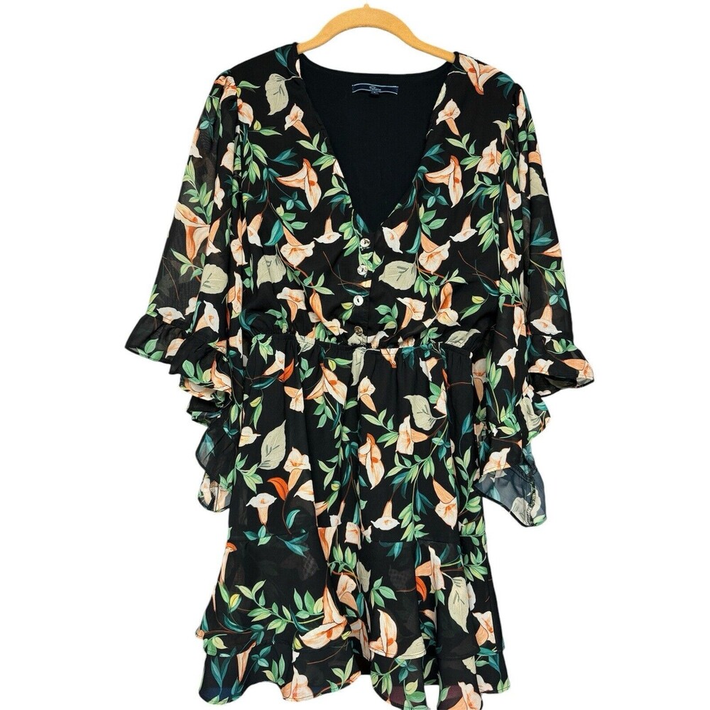 Shore Women Black Floral Casual Dress Size Small Flutter Sleeve Fairycore Beach